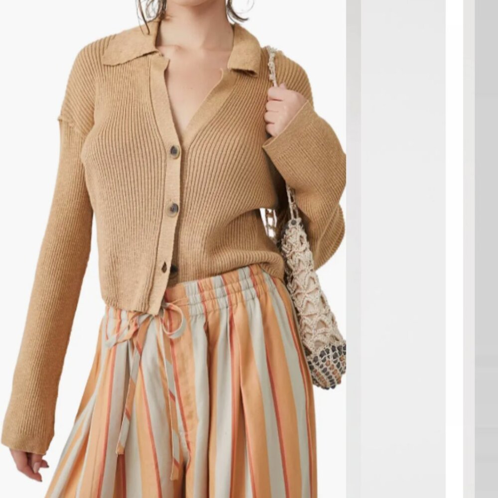 Free People Ella Button-Up‎ Ribbed Cardigan Sweater Iced Coffee Tan S